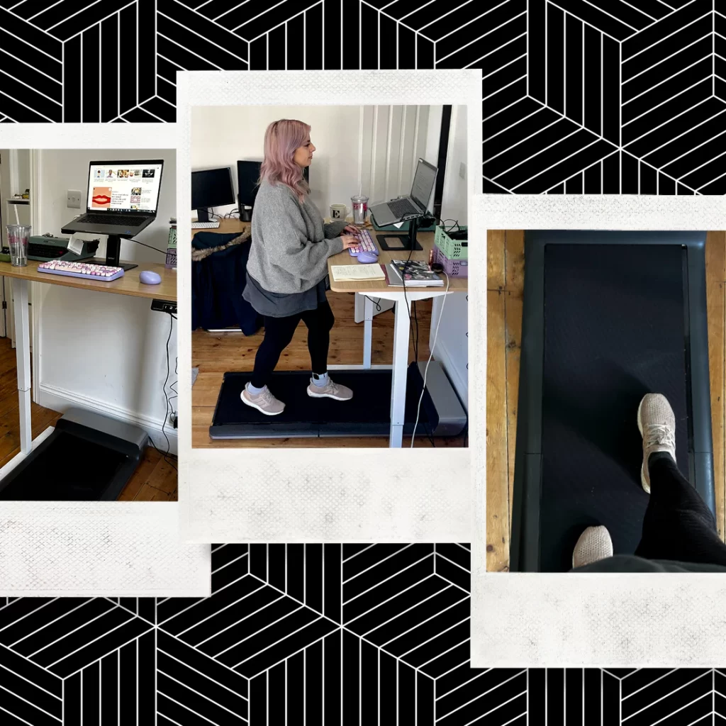 Person using a folding treadmill under a desk while working on a laptop